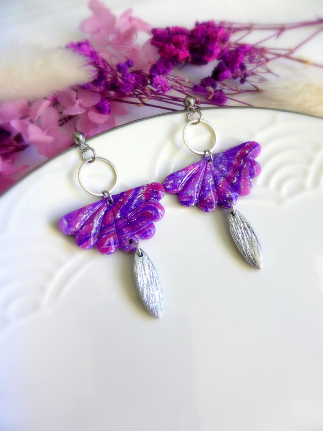 Boucles d'oreilles éventails longs - Eclat de lavande