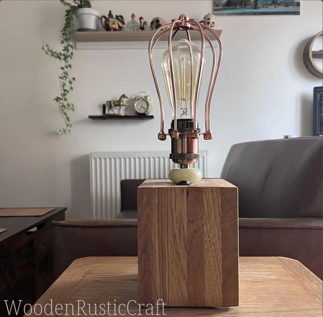Large, Heavy Oak Cube Lamp with Metal Bulb Guard