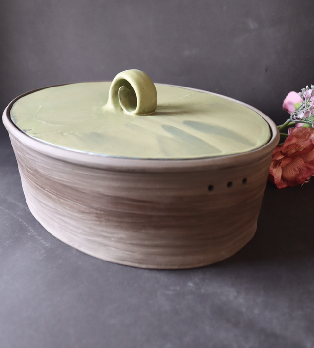Large Oval Bread Crock, Handmade Pottery, charcoal/dark brown, nature forest colors, eye-catcher