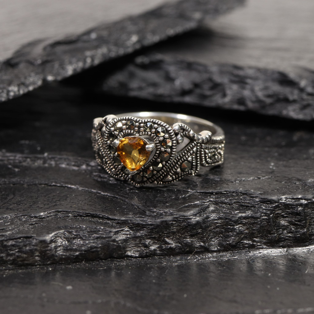 Vintage Sterling Silver 925 Art Deco Style Heart Cut Yellow Citrine With Marcasite Gemstone Love Heart Design Ring Size O - 7