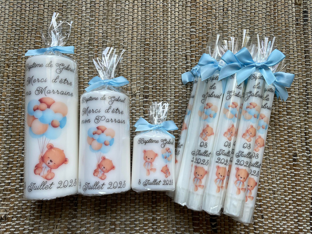 Bougie et chandelle de baptême avec OURSON BLEU ET BALLONS
