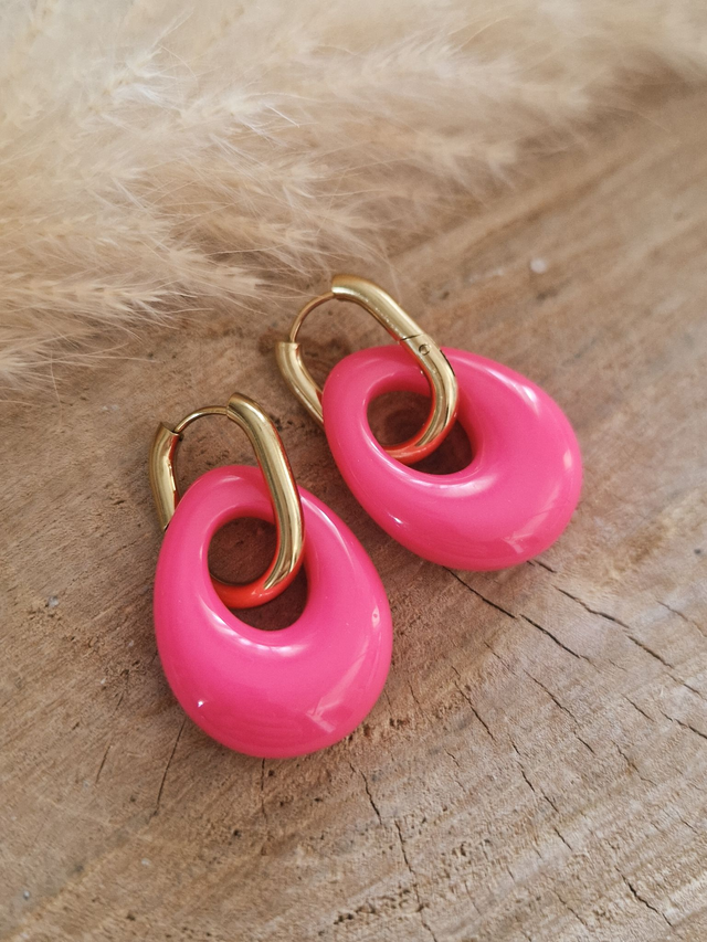 Boucles d'oreilles créoles "Antoinette" - Doré et fuchsia