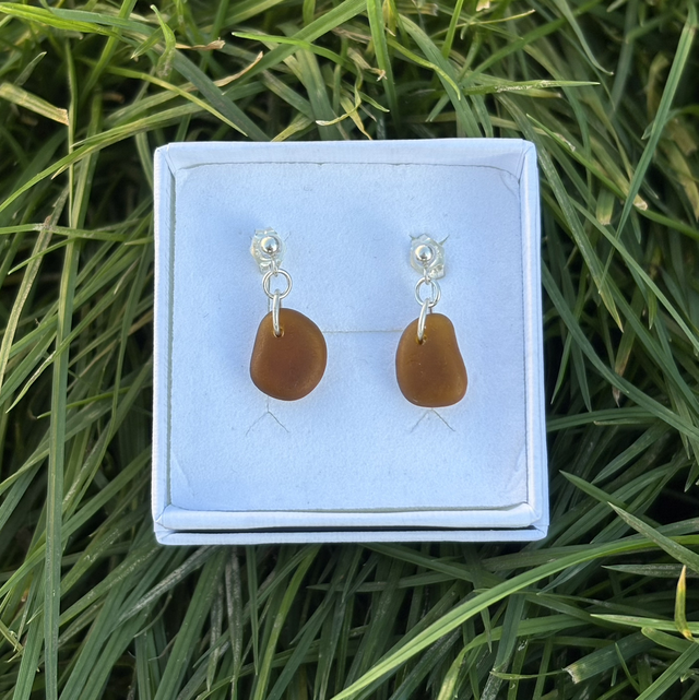 Amber Seaglass &amp; Sterling Silver Earrings 