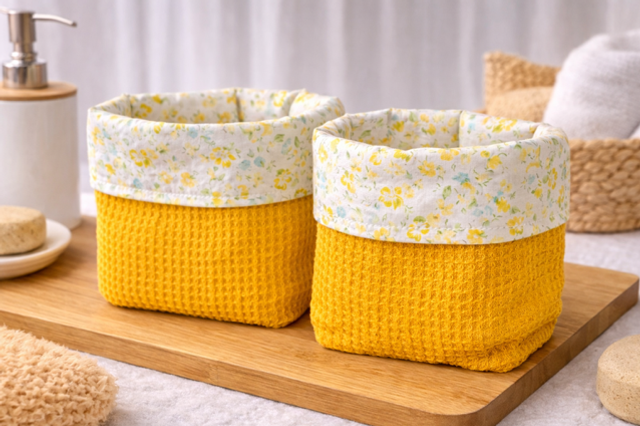 Panière de rangement coton et nid d’abeilles modèle « Camélia » 