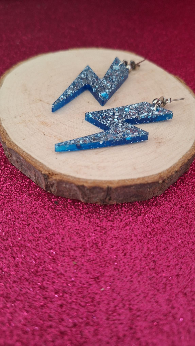 Boucles d'oreilles argentées éclairs bleu/paillettes argentées 