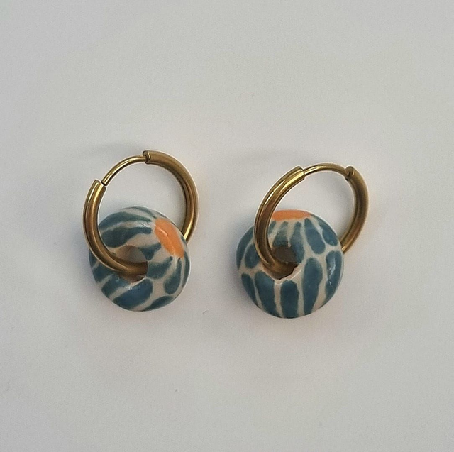 Ceramic Golden Hoop Earrings – Turquoise Flower