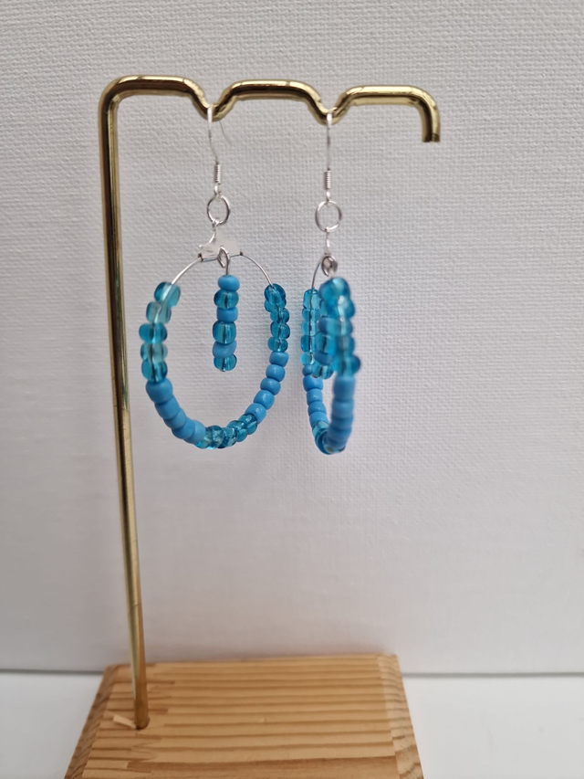 Boucles D'oreilles Créoles Pendantes Acier Perles Bleues Turquoises