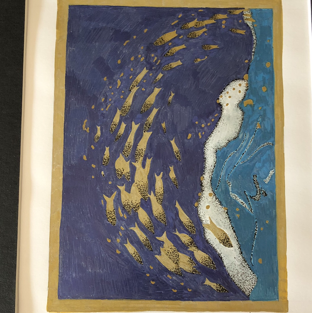 Poissons en banc bleu &amp; or - 30 x 40 cm - encadrement noir