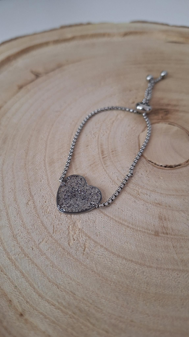 Bracelet à glissière cœur paillettes noires et grises