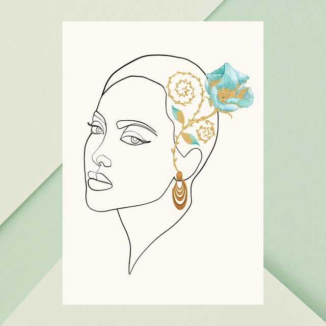  Impression d'Art en Ligne avec Boucle d'Oreille en Or et Rose Bleue / Graceful Muse: Line Art Print with Gold Earring and Blue Rose Adornment