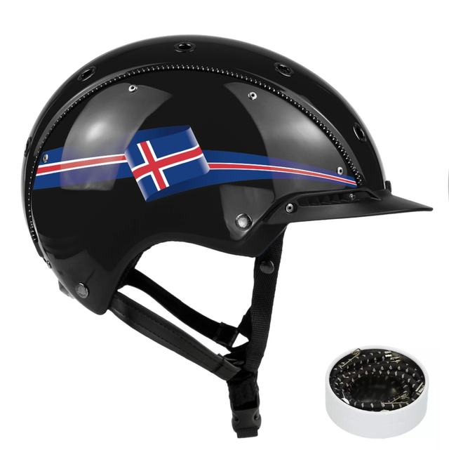 Casco Reithelm Champ 3 Black Shiny Iceland flag black stripe