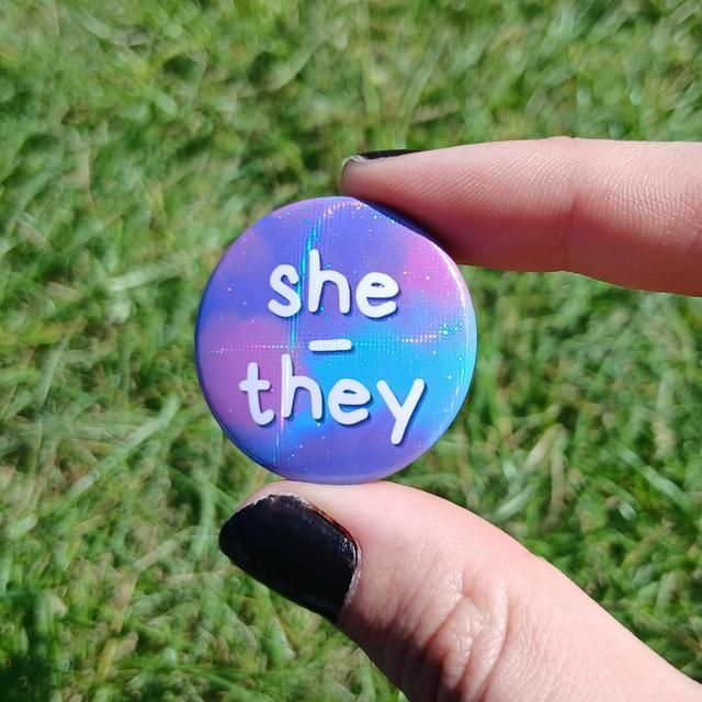 Pronoun Button Badge With Rainbow Holographic Effect