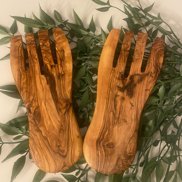 Olive Wood Serving Hands – Handcrafted Wooden Salad Servers | Rustic Kitchen Gift | Natural