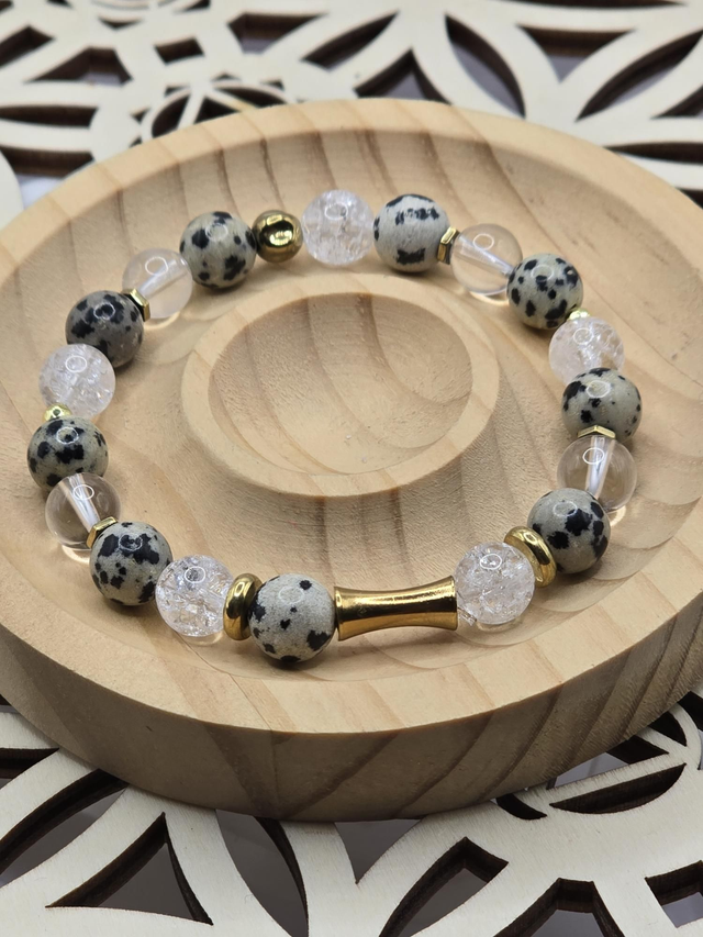 Bracelet Jaspe Dalmatien et Cristal de roche 1 cm 