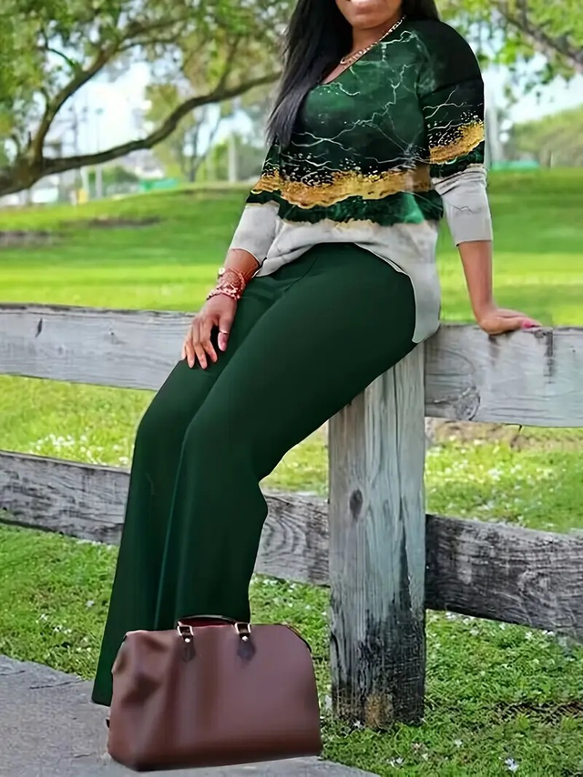 Women's Stylish Casual Print Long Sleeve and Pants 2pcs Set 