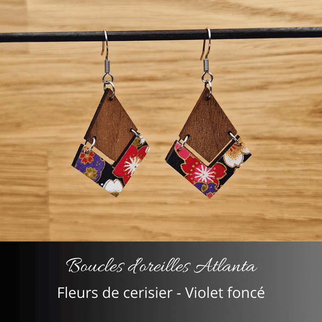 Boucles d'oreilles Atlanta - Violet foncé et fleurs de cerisiers