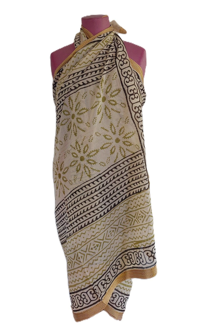 Paréo de plage en coton voile indien imprimé à la main – Motif beige, vert et noir avec bord doré – Étole & châle bohème 