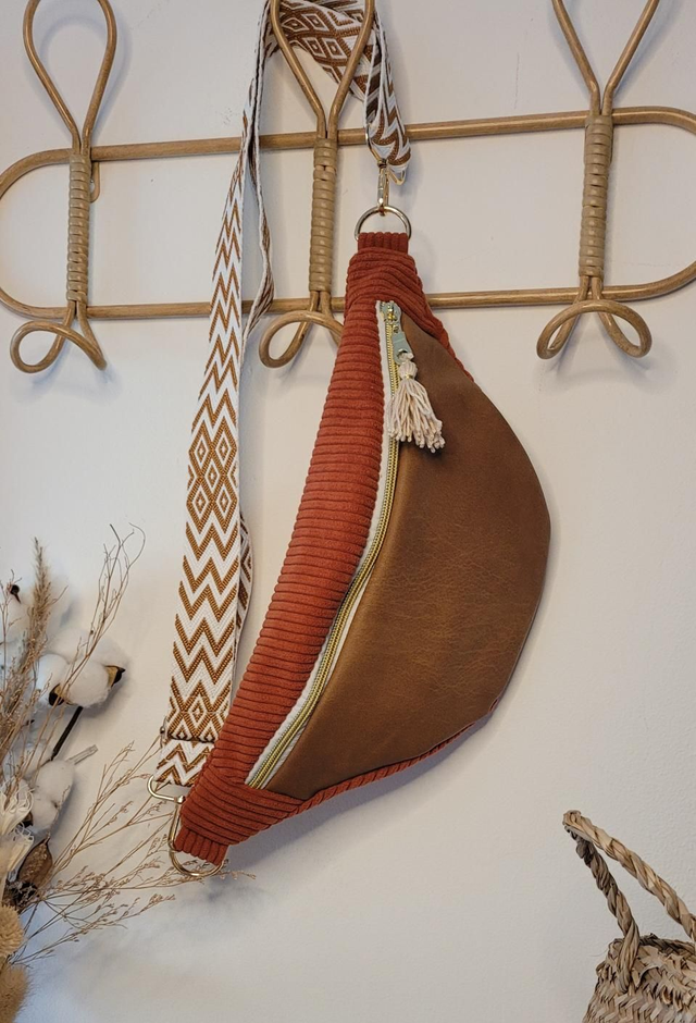 Banane velours côtelé terracota et simili marron bandoulière amovible 