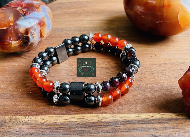 Double bracelet en Grenat- Cornaline et Hématite