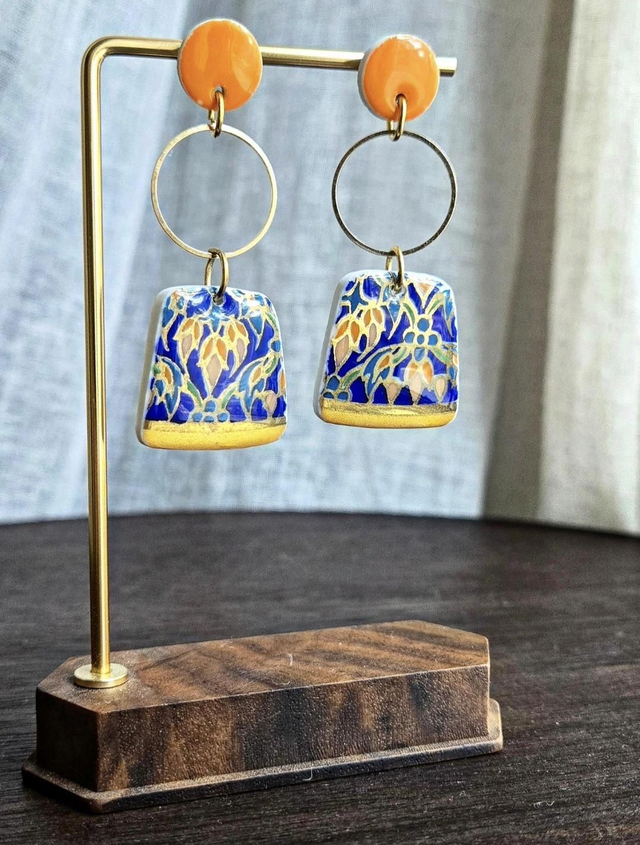 Paire de boucles d'oreilles - porcelaine Thaïlandaise - acier inoxydable doré 