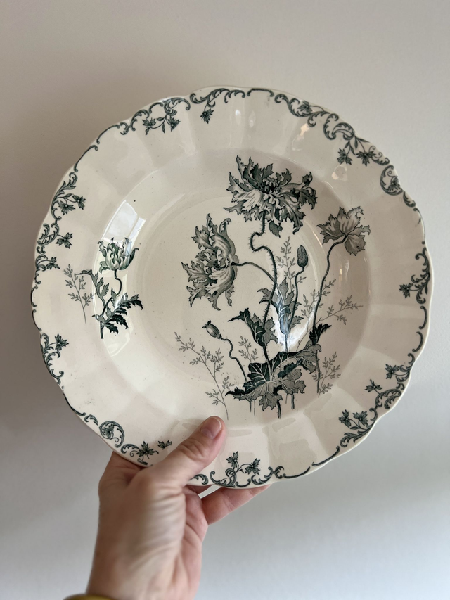 **RESERVEE** PAVOTS GRIS-VERT - Suite de 6 assiettes creuses modèle Pavots par la manufacture française Choisy le Roi (H. Boulenger) - Terre de Fer