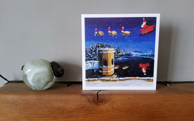 Father Christmas and his flying sheep over Cod Beck Reservoir, near Osmotherley. 6x6 &quot; christmas card. 