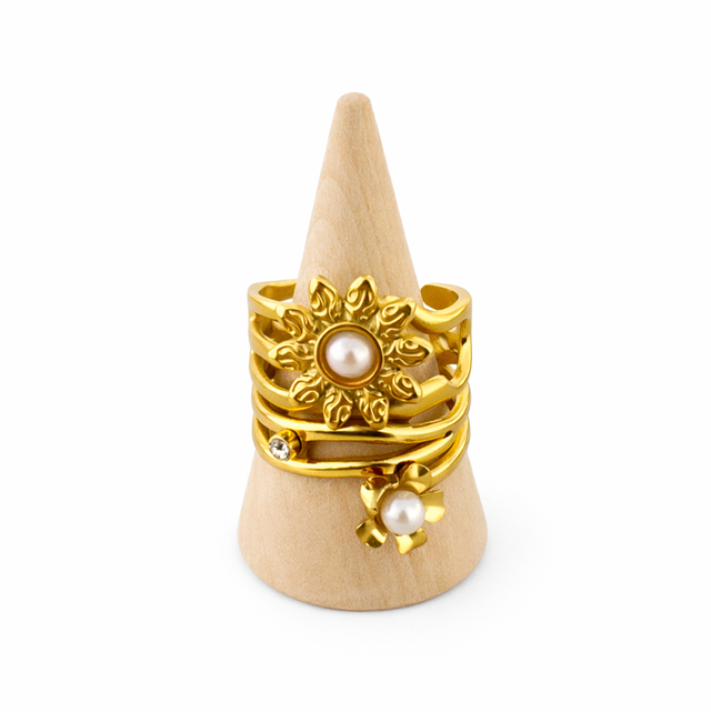 Anillo ajustable acero dorado flores y perlas 