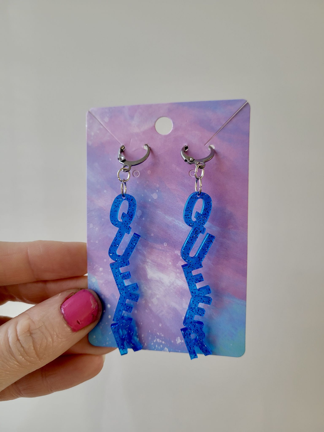 Earrings- Blue Glitter QUEER Earrings | Stainless Steel Leverback Hoops