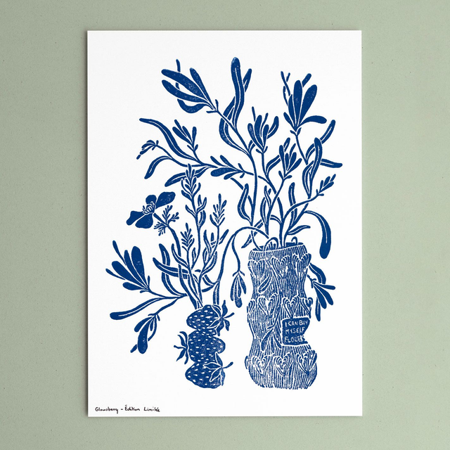 Linogravure féministe "Flowers" - Édition Limitée - Couleur bleu