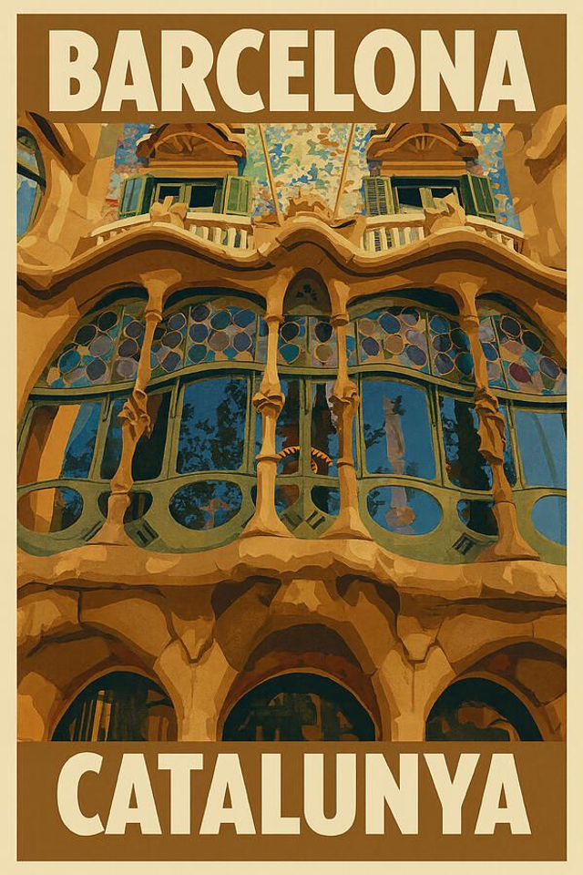 Cartel de viaje vintage de Barcelona Cataluña Fachada de Casa Batlló