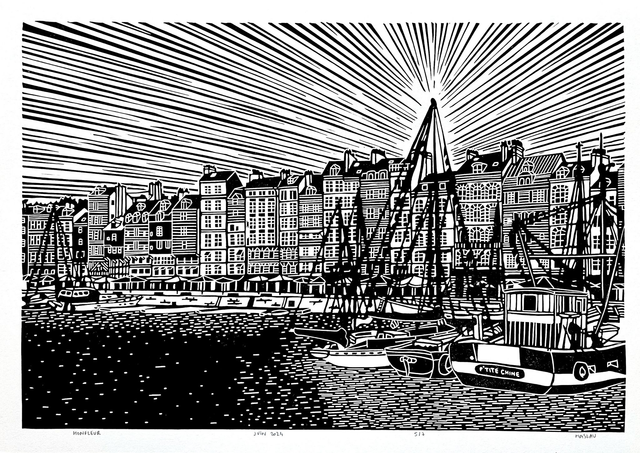 Honfleur : Vieux Bassin et quai Sainte Catherine  • Linogravure noire 21 x 30 cm