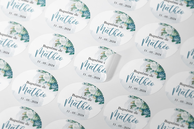 Étiquettes de remerciement Baptême Fleurs &amp; Blush bleu