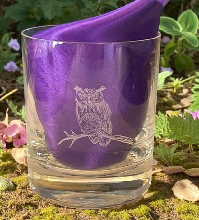 'Owl &amp; Bauble' etched glass
