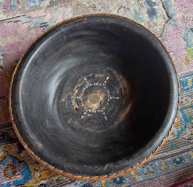 Early / mid 20th century ethnic fruit bowl with wicker edging & mother of pearl inlay