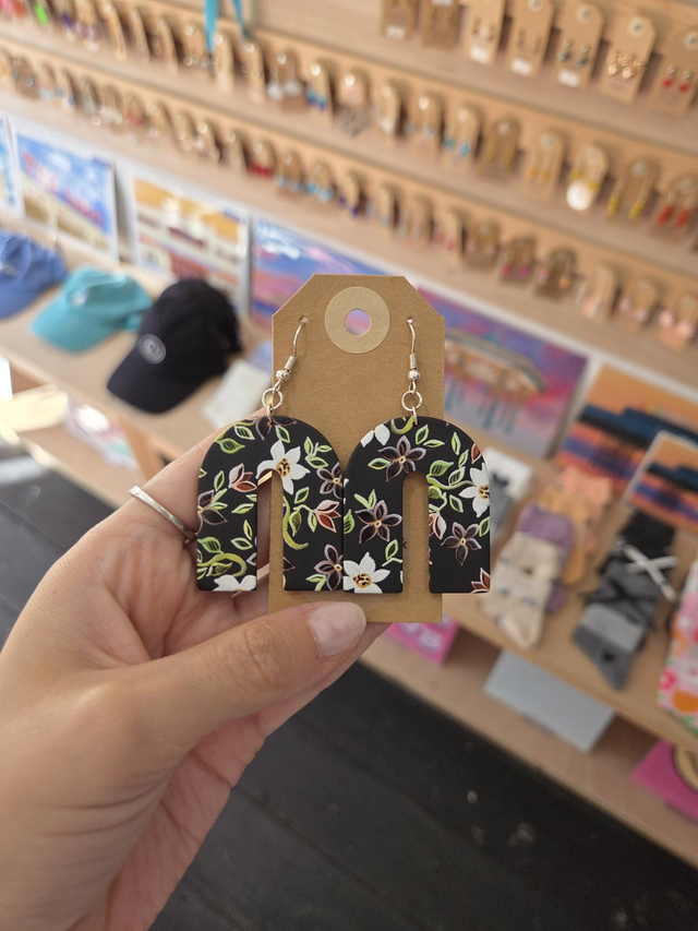 Black Floral Printed Arch Shaped Acrylic Charm Drop Earrings - Silver Plated - HH-201