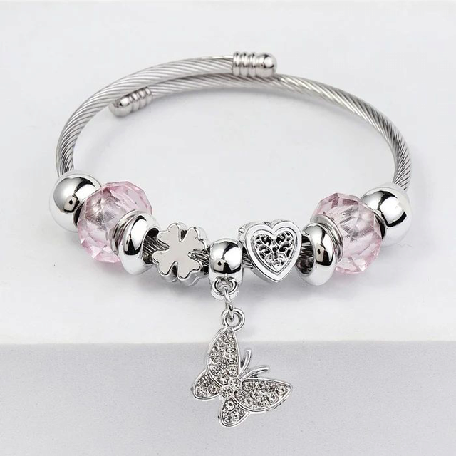 Bracelet breloque fleur rose et fée