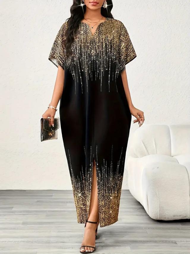 Women's Elegant Black and Golden Sequin Tunic Dress with Split Hem