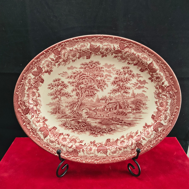 English Ironstone Tableware | Ovale Serveerschaal (lengte 28,7 cm | hoogte 2,8 cm | breedte 22,5 cm) ‘English Rural Scene’ in Roze | Vintage