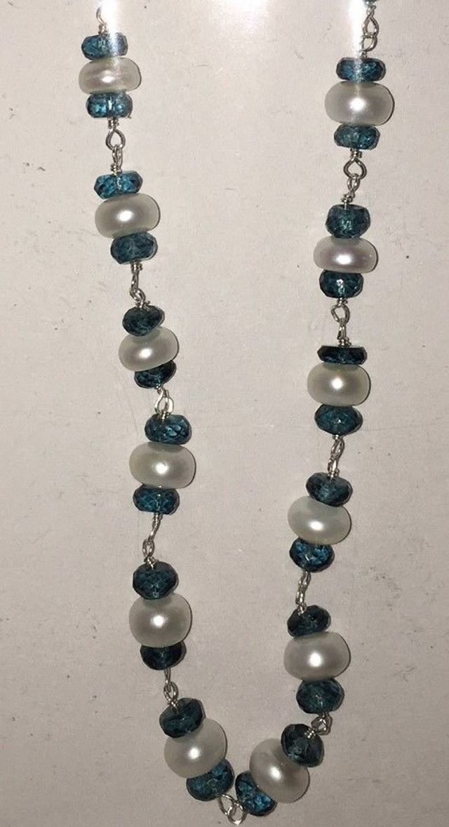 Pearl and London blue Topaz natural gemstone necklace