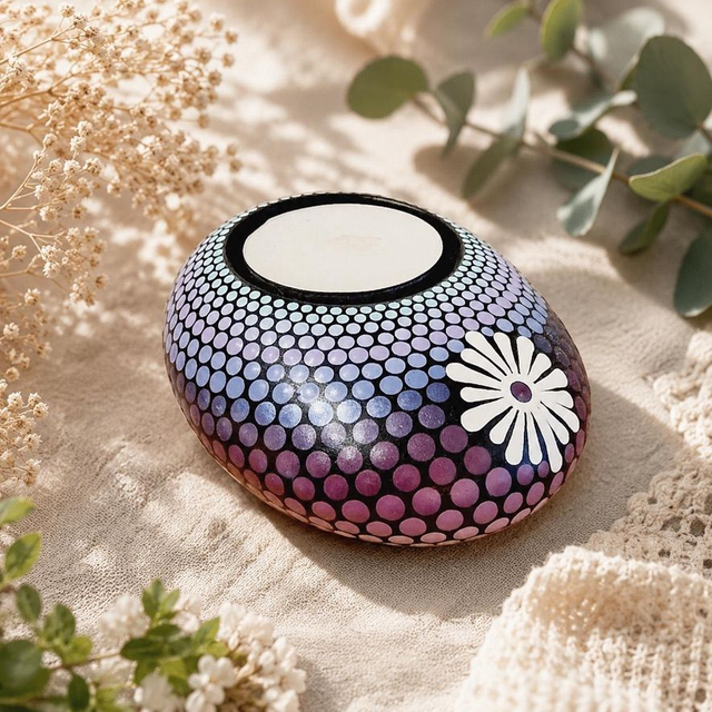 Bougeoir galet mandala bleu, violet &amp; bordeaux – Plâtre résine peint à la main