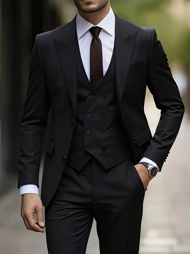 Men's Three-Piece Suit with a Peak Lapel And a Button-Up Vest