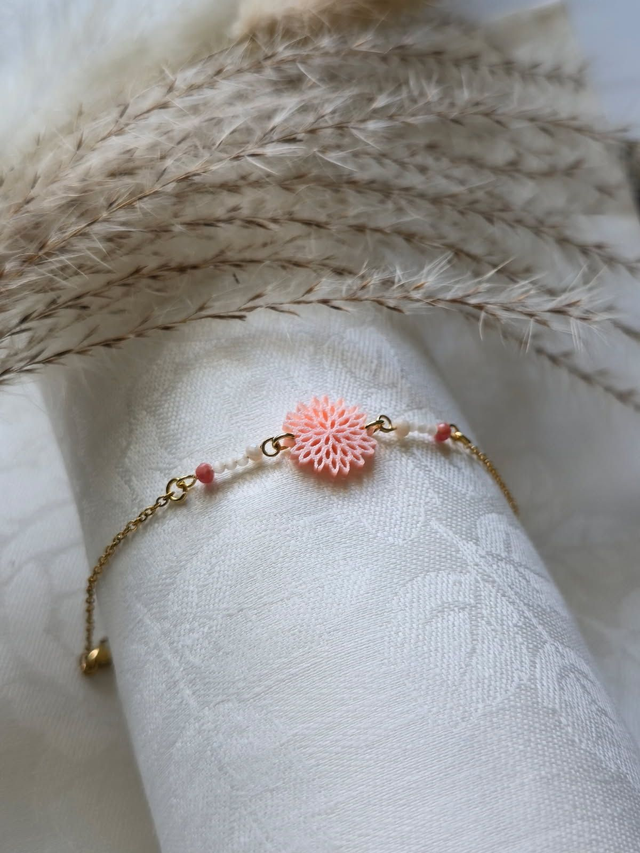  Bracelet Fleur d’Éclat - Rose silk & Chaine couleur Argent/Doré