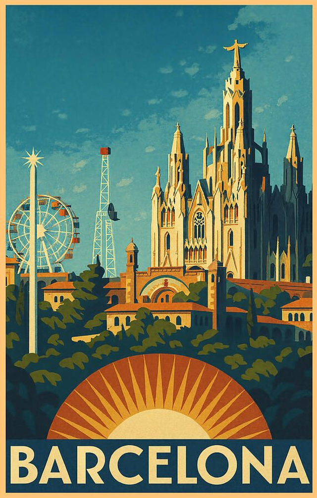 Cartel de viaje vintage del Tibidabo Barcelona