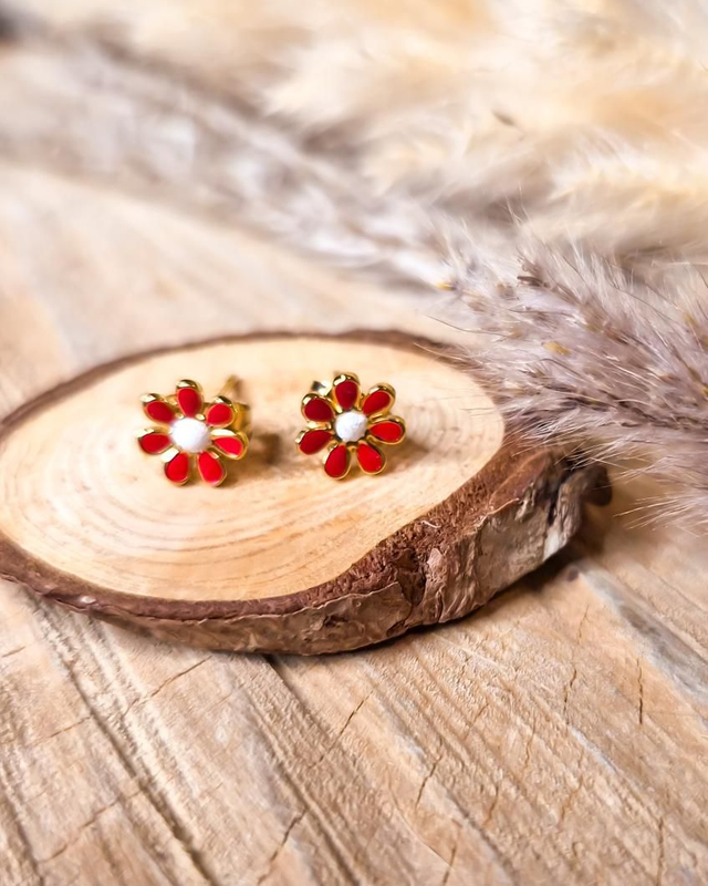 Boucles d'oreilles puces "Marguerites" - Modèle rouge et blanc