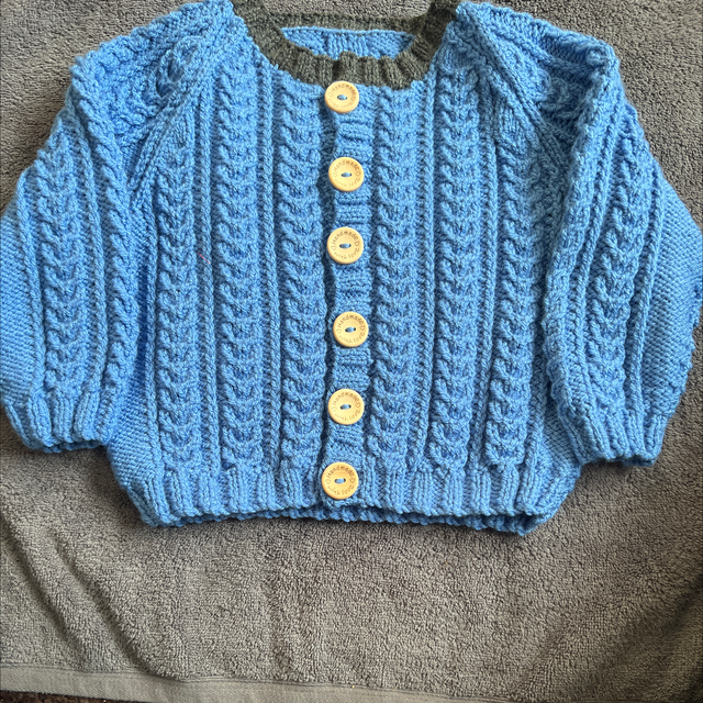 Blue aran cardigan with grey collar 4years