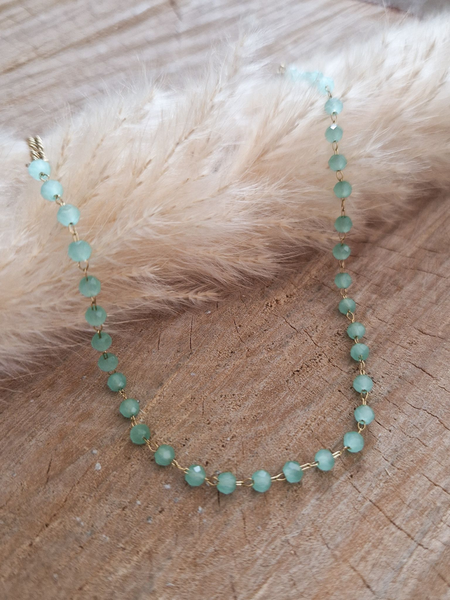 Chaîne de cheville perlée - Perles rondes - Modèle doré et vert d'eau