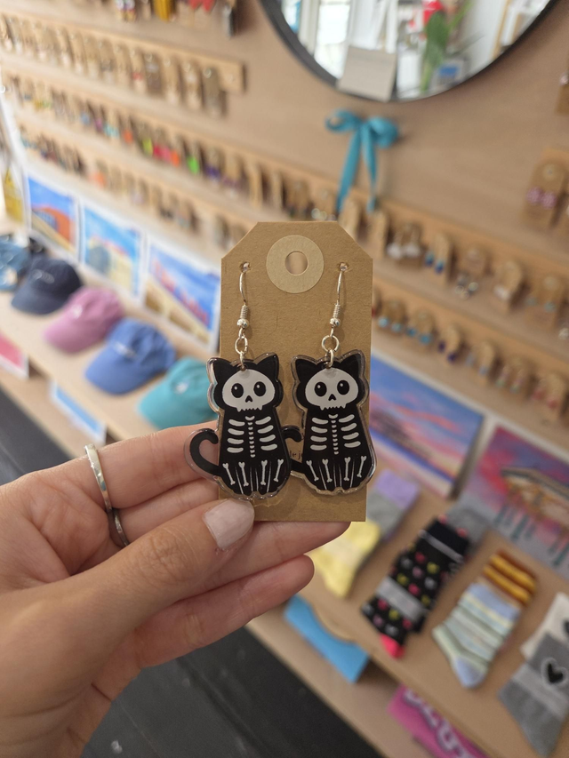 Skeleton Cat Acrylic Charm Drop Earrings - Silver Plated - HA-016