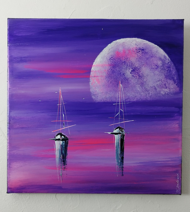 Art contemporain tableau toile œuvre d'art originale bateaux voiliers fluo