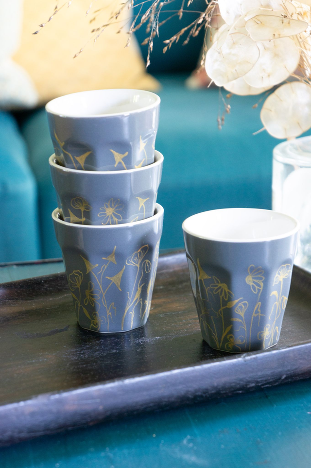 Service 4 tasses expresso en porcelaine grise, décor fleurs des champs or peint à la main, idée cadeau homme, vaisselle artisanale unique