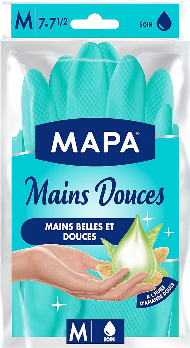 MAPA - Mains Douces - Gants de Ménage en Latex - Intérieur Fibres de Coton enrichi Huile d'Amande Douce - Mains Belles et Douces - Taille M